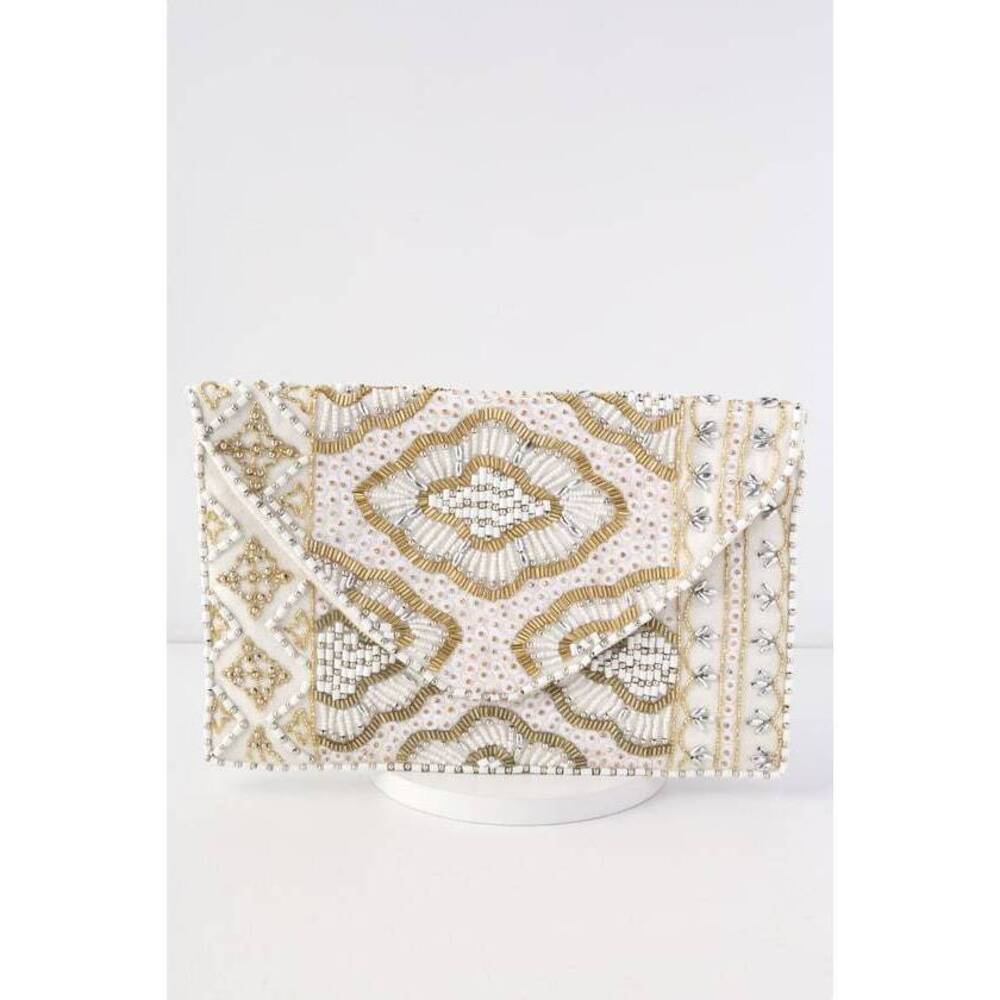 Lulus Etched In Stone Cream Beaded Clutch Beige